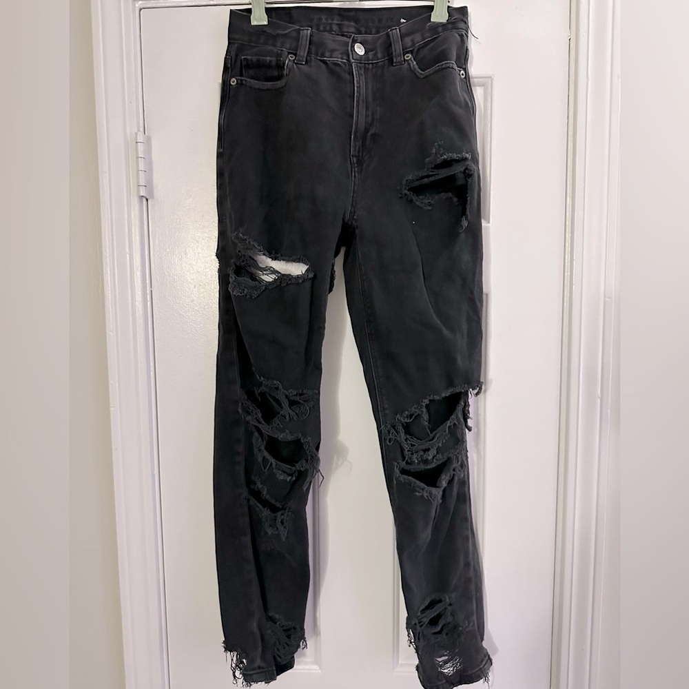 American Eagle Ripped Distressed Mom Jeans - Black - Size 0